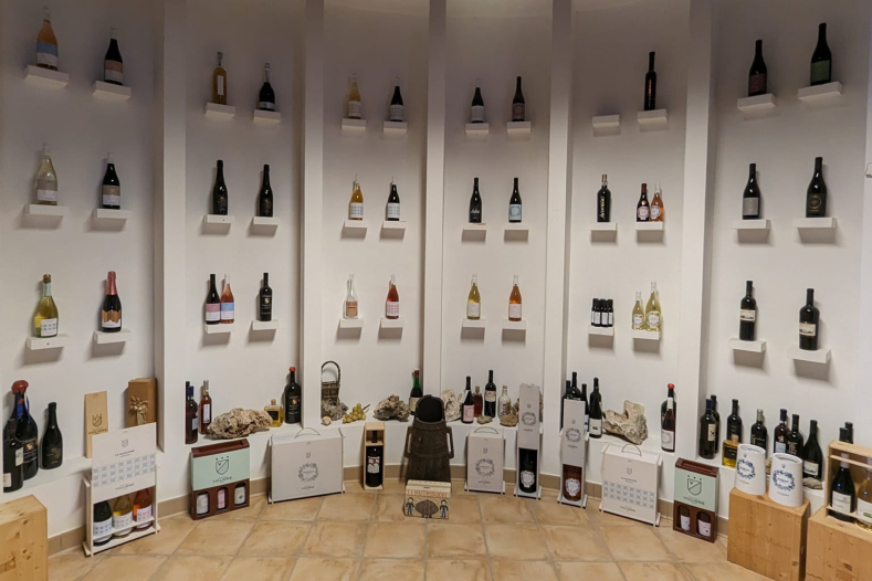 Wine bottles on display wall